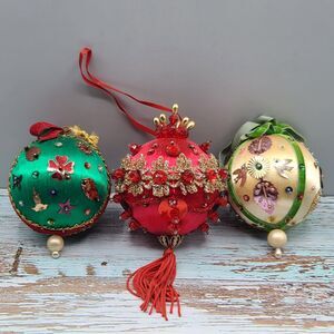 Vintage Trio of Handmade Satin Sequins Beaded Christmas Tree Ornaments